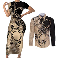 Cook Islands Turtle Couples Matching Short Sleeve Bodycon Dress and Long Sleeve Button Shirt Stars and Hibiscus - Beige LT01 Beige - Polynesian Pride