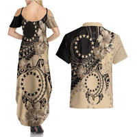 Cook Islands Turtle Couples Matching Summer Maxi Dress and Hawaiian Shirt Stars and Hibiscus - Beige LT01 - Polynesian Pride