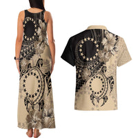 Cook Islands Turtle Couples Matching Tank Maxi Dress and Hawaiian Shirt Stars and Hibiscus - Beige LT01 - Polynesian Pride