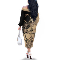 Cook Islands Turtle Family Matching Off The Shoulder Long Sleeve Dress and Hawaiian Shirt Stars and Hibiscus - Beige LT01 - Polynesian Pride