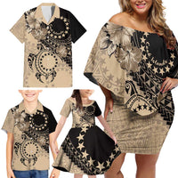 Cook Islands Turtle Family Matching Off Shoulder Short Dress and Hawaiian Shirt Stars and Hibiscus - Beige LT01 - Polynesian Pride