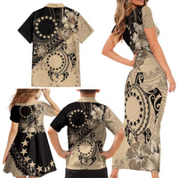 Cook Islands Turtle Family Matching Short Sleeve Bodycon Dress and Hawaiian Shirt Stars and Hibiscus - Beige LT01 - Polynesian Pride