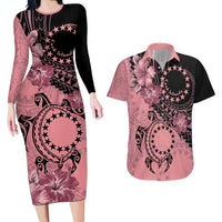 Cook Islands Turtle Couples Matching Long Sleeve Bodycon Dress and Hawaiian Shirt Stars and Hibiscus - Pink LT01 Pink - Polynesian Pride