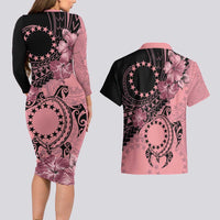 Cook Islands Turtle Couples Matching Long Sleeve Bodycon Dress and Hawaiian Shirt Stars and Hibiscus - Pink LT01 - Polynesian Pride