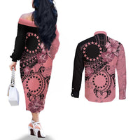 Cook Islands Turtle Couples Matching Off The Shoulder Long Sleeve Dress and Long Sleeve Button Shirt Stars and Hibiscus - Pink LT01 - Polynesian Pride