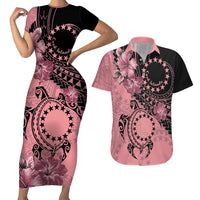 Cook Islands Turtle Couples Matching Short Sleeve Bodycon Dress and Hawaiian Shirt Stars and Hibiscus - Pink LT01 Pink - Polynesian Pride