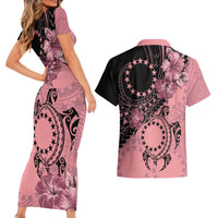 Cook Islands Turtle Couples Matching Short Sleeve Bodycon Dress and Hawaiian Shirt Stars and Hibiscus - Pink LT01 - Polynesian Pride