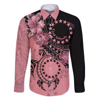 Cook Islands Turtle Family Matching Off The Shoulder Long Sleeve Dress and Hawaiian Shirt Stars and Hibiscus - Pink LT01 Dad's Shirt - Long Sleeve Pink - Polynesian Pride