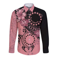 Cook Islands Turtle Long Sleeve Button Shirt Stars and Hibiscus - Pink LT01 Unisex Pink - Polynesian Pride