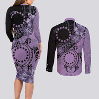 Cook Islands Turtle Couples Matching Long Sleeve Bodycon Dress and Long Sleeve Button Shirt Stars and Hibiscus - Purple LT01 - Polynesian Pride