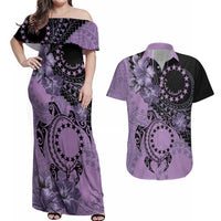 Cook Islands Turtle Couples Matching Off Shoulder Maxi Dress and Hawaiian Shirt Stars and Hibiscus - Purple LT01 Purple - Polynesian Pride