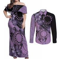 Cook Islands Turtle Couples Matching Off Shoulder Maxi Dress and Long Sleeve Button Shirt Stars and Hibiscus - Purple LT01 Purple - Polynesian Pride