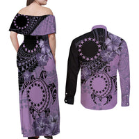 Cook Islands Turtle Couples Matching Off Shoulder Maxi Dress and Long Sleeve Button Shirt Stars and Hibiscus - Purple LT01 - Polynesian Pride