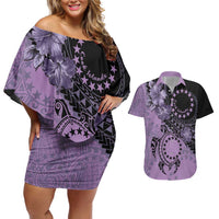 Cook Islands Turtle Couples Matching Off Shoulder Short Dress and Hawaiian Shirt Stars and Hibiscus - Purple LT01 Purple - Polynesian Pride