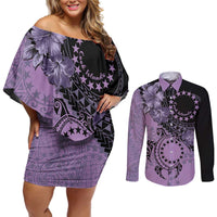 Cook Islands Turtle Couples Matching Off Shoulder Short Dress and Long Sleeve Button Shirt Stars and Hibiscus - Purple LT01 Purple - Polynesian Pride