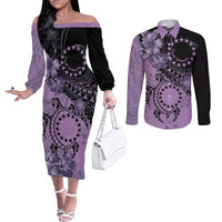 Cook Islands Turtle Couples Matching Off The Shoulder Long Sleeve Dress and Long Sleeve Button Shirt Stars and Hibiscus - Purple LT01 Purple - Polynesian Pride