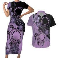 Cook Islands Turtle Couples Matching Short Sleeve Bodycon Dress and Hawaiian Shirt Stars and Hibiscus - Purple LT01 Purple - Polynesian Pride