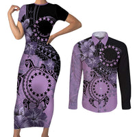 Cook Islands Turtle Couples Matching Short Sleeve Bodycon Dress and Long Sleeve Button Shirt Stars and Hibiscus - Purple LT01 Purple - Polynesian Pride