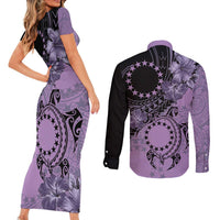 Cook Islands Turtle Couples Matching Short Sleeve Bodycon Dress and Long Sleeve Button Shirt Stars and Hibiscus - Purple LT01 - Polynesian Pride