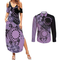 Cook Islands Turtle Couples Matching Summer Maxi Dress and Long Sleeve Button Shirt Stars and Hibiscus - Purple LT01 Purple - Polynesian Pride