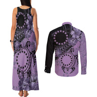 Cook Islands Turtle Couples Matching Tank Maxi Dress and Long Sleeve Button Shirt Stars and Hibiscus - Purple LT01 - Polynesian Pride
