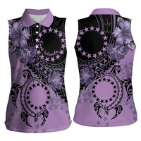 Cook Islands Turtle Women Sleeveless Polo Shirt Stars and Hibiscus - Purple LT01 - Polynesian Pride