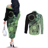Cook Islands Turtle Couples Matching Off The Shoulder Long Sleeve Dress and Long Sleeve Button Shirt Stars and Hibiscus - Green LT01 - Polynesian Pride