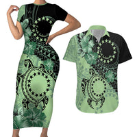 Cook Islands Turtle Couples Matching Short Sleeve Bodycon Dress and Hawaiian Shirt Stars and Hibiscus - Green LT01 Green - Polynesian Pride