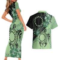 Cook Islands Turtle Couples Matching Short Sleeve Bodycon Dress and Hawaiian Shirt Stars and Hibiscus - Green LT01 - Polynesian Pride