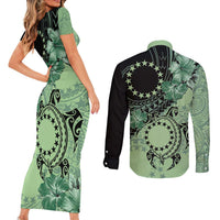 Cook Islands Turtle Couples Matching Short Sleeve Bodycon Dress and Long Sleeve Button Shirt Stars and Hibiscus - Green LT01 - Polynesian Pride