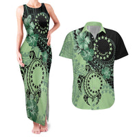 Cook Islands Turtle Couples Matching Tank Maxi Dress and Hawaiian Shirt Stars and Hibiscus - Green LT01 Green - Polynesian Pride