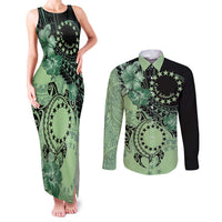 Cook Islands Turtle Couples Matching Tank Maxi Dress and Long Sleeve Button Shirt Stars and Hibiscus - Green LT01 Green - Polynesian Pride
