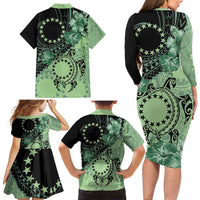 Cook Islands Turtle Family Matching Long Sleeve Bodycon Dress and Hawaiian Shirt Stars and Hibiscus - Green LT01 - Polynesian Pride