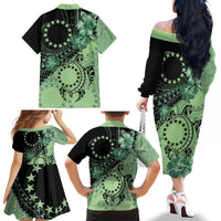 Cook Islands Turtle Family Matching Off The Shoulder Long Sleeve Dress and Hawaiian Shirt Stars and Hibiscus - Green LT01 - Polynesian Pride