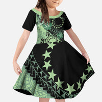 Cook Islands Turtle Family Matching Off Shoulder Maxi Dress and Hawaiian Shirt Stars and Hibiscus - Green LT01 Daughter's Dress Green - Polynesian Pride
