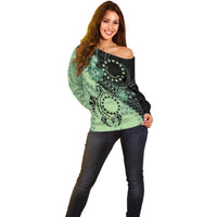 Cook Islands Turtle Off Shoulder Sweater Stars and Hibiscus - Green