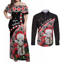New Zealand Christmas Meri Kirihimete Couples Matching Off Shoulder Maxi Dress and Long Sleeve Button Shirt Santa Hei Tiki Pohutukawa LT01 Black - Polynesian Pride