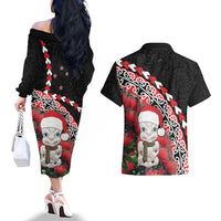 New Zealand Christmas Meri Kirihimete Couples Matching Off The Shoulder Long Sleeve Dress and Hawaiian Shirt Santa Hei Tiki Pohutukawa LT01 - Polynesian Pride