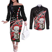 New Zealand Christmas Meri Kirihimete Couples Matching Off The Shoulder Long Sleeve Dress and Long Sleeve Button Shirt Santa Hei Tiki Pohutukawa LT01 Black - Polynesian Pride