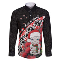 New Zealand Christmas Meri Kirihimete Family Matching Off The Shoulder Long Sleeve Dress and Hawaiian Shirt Santa Hei Tiki Pohutukawa LT01 Dad's Shirt - Long Sleeve Black - Polynesian Pride