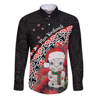 New Zealand Christmas Meri Kirihimete Family Matching Off Shoulder Maxi Dress and Hawaiian Shirt Santa Hei Tiki Pohutukawa LT01 Dad's Shirt - Long Sleeve Black - Polynesian Pride