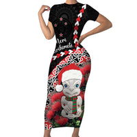 New Zealand Christmas Meri Kirihimete Family Matching Short Sleeve Bodycon Dress and Hawaiian Shirt Santa Hei Tiki Pohutukawa LT01 Mom's Dress Black - Polynesian Pride