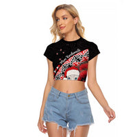 New Zealand Christmas Meri Kirihimete Raglan Cropped T Shirt Santa Hei Tiki Pohutukawa LT01 Female Black - Polynesian Pride