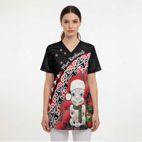 New Zealand Christmas Meri Kirihimete Scrub Top Santa Hei Tiki Pohutukawa LT01 - Polynesian Pride