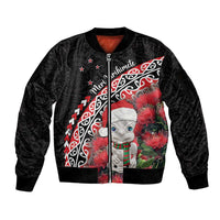 New Zealand Christmas Meri Kirihimete Sleeve Zip Bomber Jacket Santa Hei Tiki Pohutukawa LT01 Unisex Black - Polynesian Pride