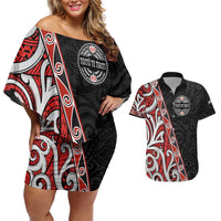 Aotearoa Toitu Te Tiriti Couples Matching Off Shoulder Short Dress and Hawaiian Shirt Honour The Treaty New Zealand LT01 Black - Polynesian Pride
