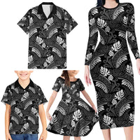 Grayscale Monstera Family Matching Long Sleeve Bodycon Dress and Hawaiian Shirt Polynesian Tribal Pattern LT01 - Polynesian Pride