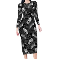 Grayscale Monstera Family Matching Long Sleeve Bodycon Dress and Hawaiian Shirt Polynesian Tribal Pattern LT01 Mom's Dress Black - Polynesian Pride