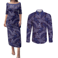 Deep Blue Monstera Couples Matching Puletasi and Long Sleeve Button Shirt Polynesian Tribal Pattern - Polynesian Pride