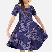 Deep Blue Monstera Family Matching Long Sleeve Bodycon Dress and Hawaiian Shirt Polynesian Tribal Pattern LT01 Daughter's Dress Blue - Polynesian Pride